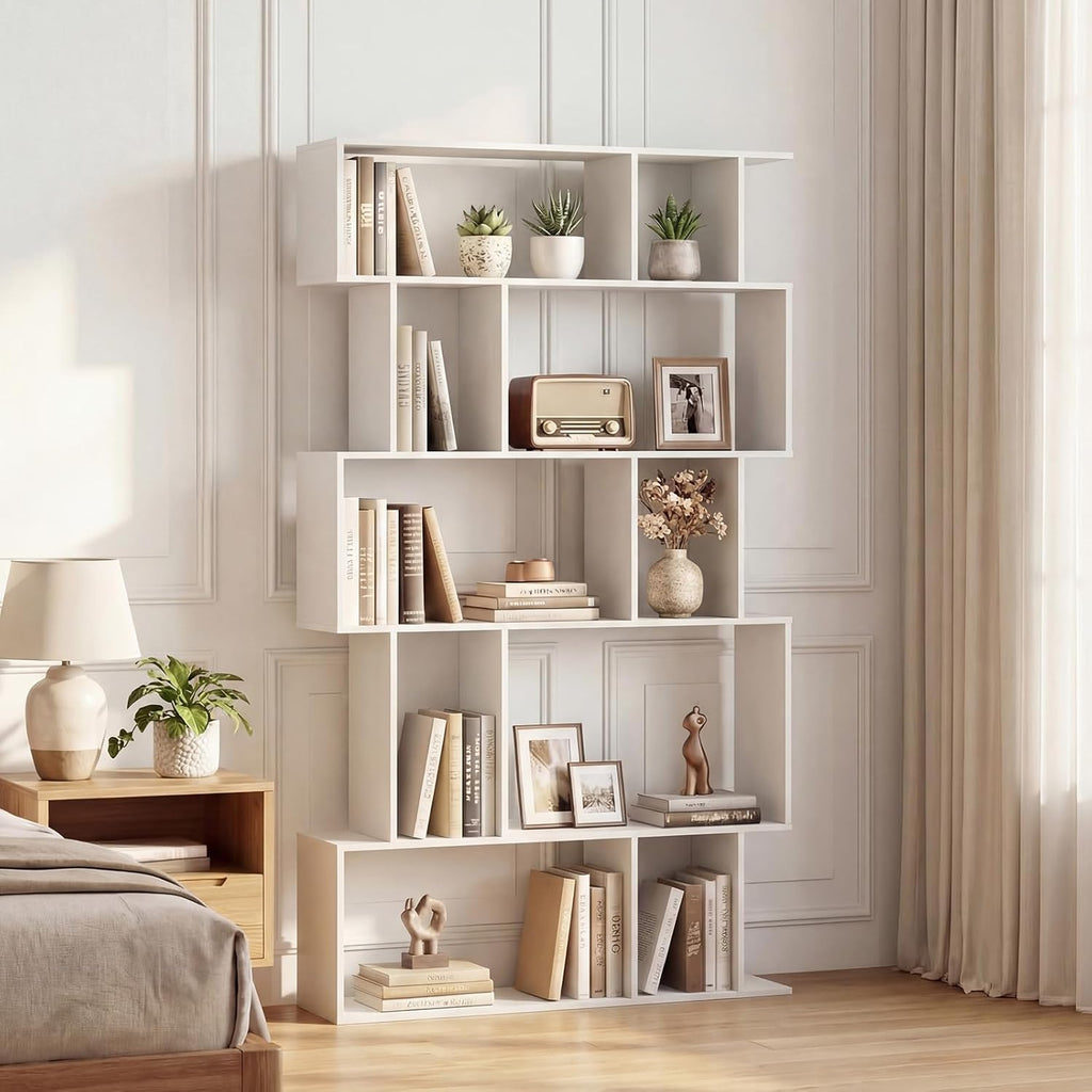 5-Tier Geometric Bookshelf w/Anti-tip Kit & 5 Closed-Back Cubbies