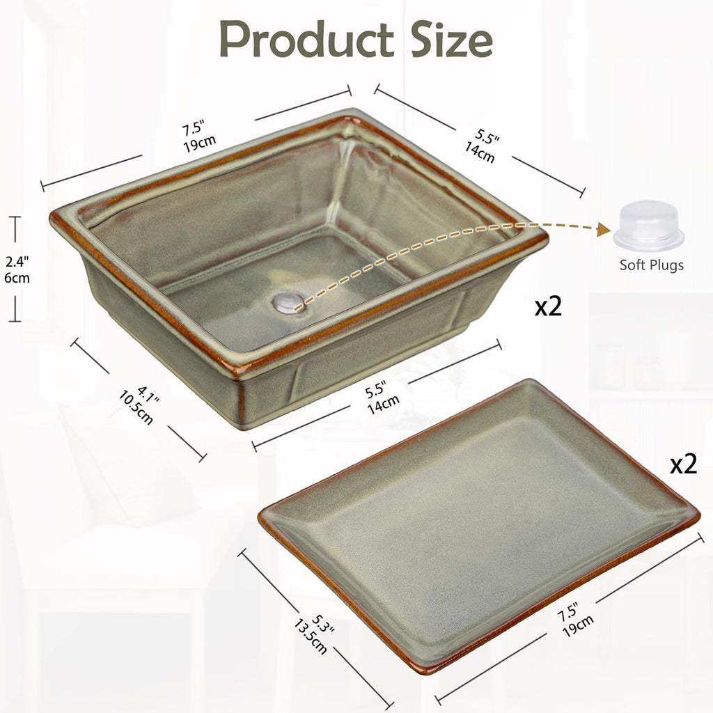 Ceramic Bonsai Pots with Drainage Tray, Set of 2 Rectangular Glazed Bonsai Planters for Indoor/Outdoor Use, Shallow Brown Bonzai Tree Pots for Succulent, Orchids, Cacti, Home, Patio, Garden, 7.5"x5.5"