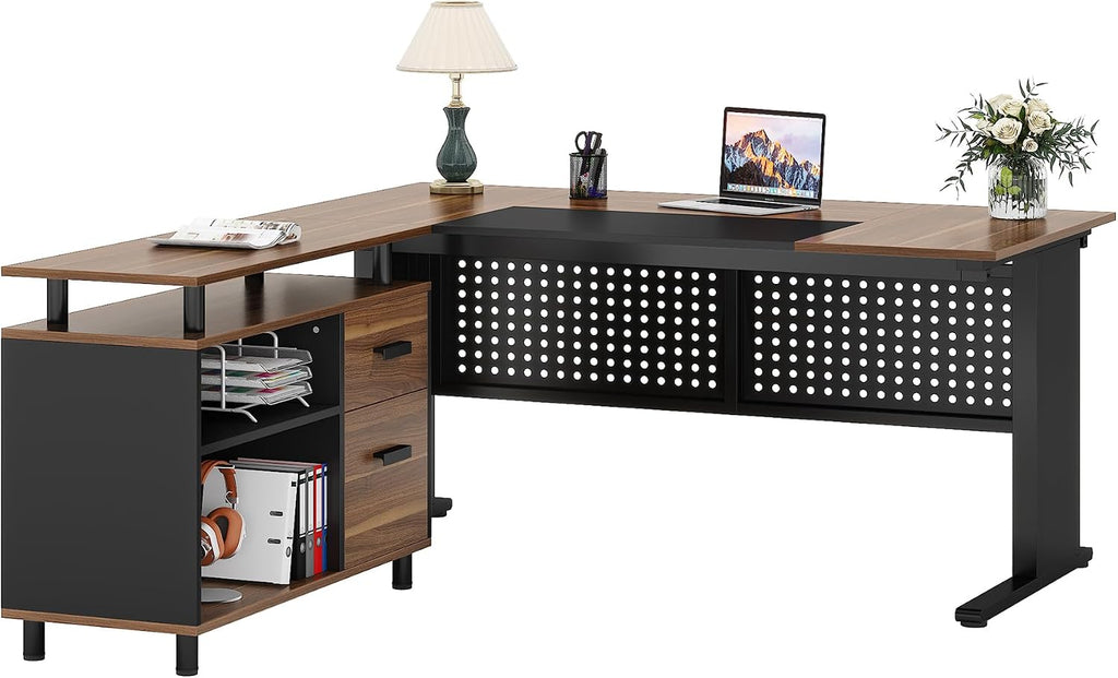 Tribesigns 63 Inch Executive Desk with Filing Cabinet, L Shaped Office Desk | Large Office Desk with File Drawer, L Shaped Desk with Storage, Computer Desk for Home Office, Easy Assembly, Brown and Black