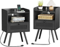 SUPERJARE Nightstands with Charging Station, Bedside Table Set of 2 with Texilene Surface Drawers, Rattan Side Table with Storage & Solid Wood Feet, End Table for Bedroom, All Black