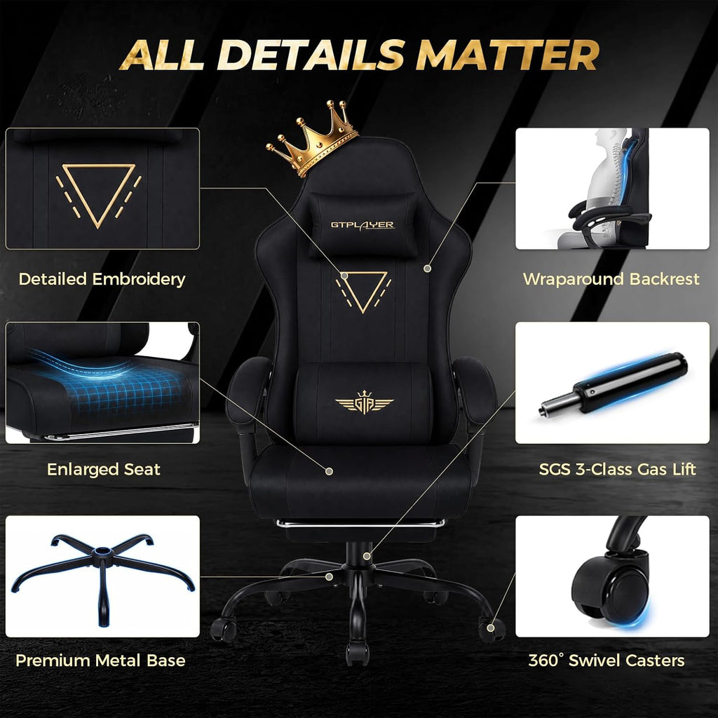 GTPLAYER Video Gaming Chair Fabric, Ergonomic Computer Chair with Footrest and Pocket Spring Cushion, Height Adjustable Video Gamer Chair with Lumbar Support for Adults, Black