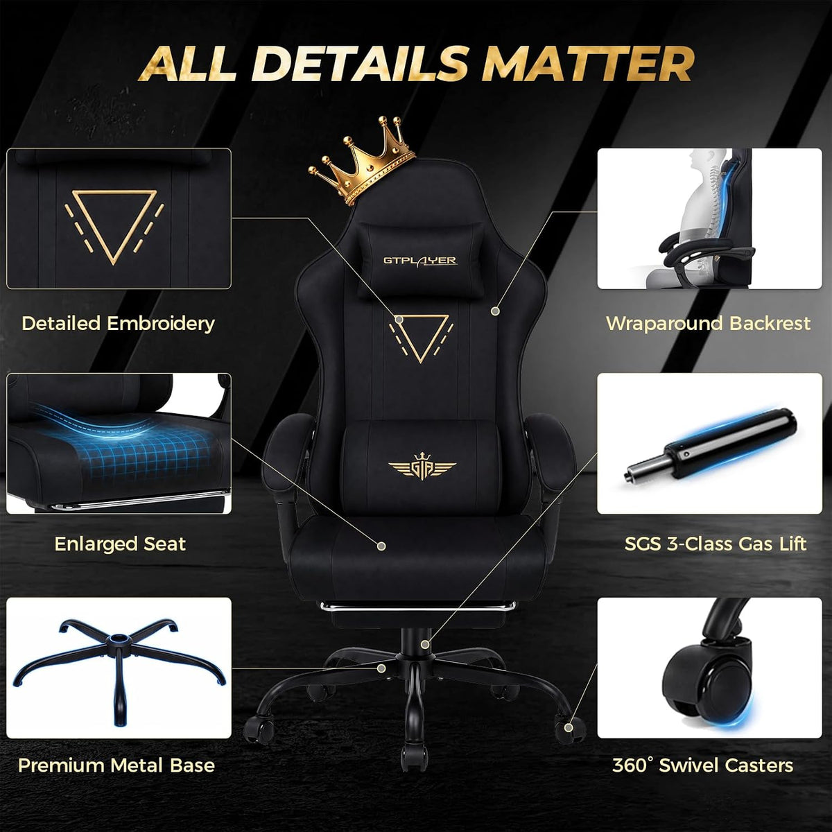 GTPLAYER Video Gaming Chair Fabric, Ergonomic Computer Chair with Footrest and Pocket Spring Cushion, Height Adjustable Video Gamer Chair with Lumbar Support for Adults, Black
