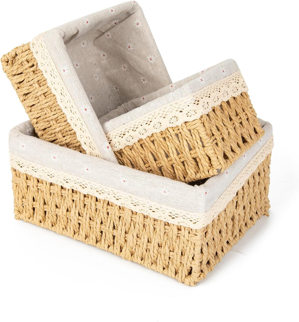 Wicker Baskets with Liner for Counter, Natural Paper Rope Rattan Storage Basket,Hand Woven Pantry Table Organizer Bins for Bedroom Living Room Bathroom School Shelves Office Desk (3 Pack Beige)