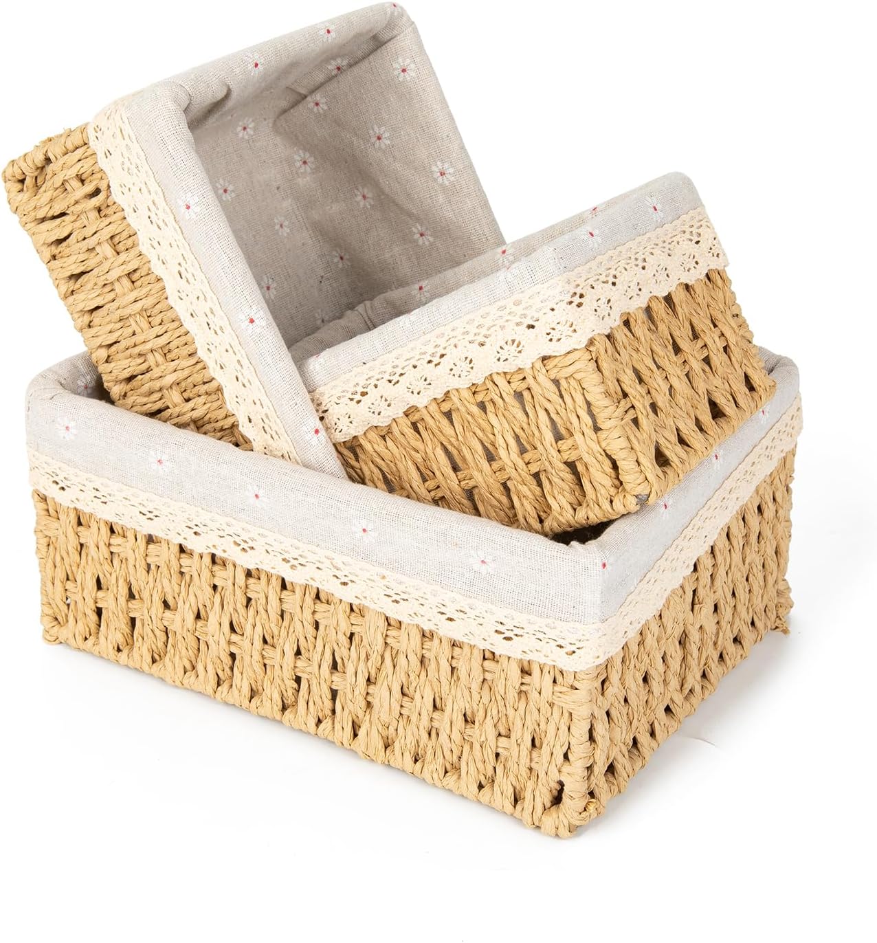 Wicker Baskets with Liner for Counter, Natural Paper Rope Rattan Storage Basket,Hand Woven Pantry Table Organizer Bins for Bedroom Living Room Bathroom School Shelves Office Desk (3 Pack Beige)