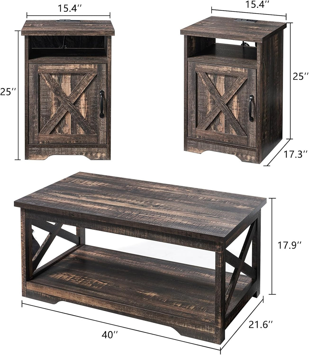 AMERLIFE 3 Piece Farmhouse Living Room Coffee Table Set, Dark Oak | Coffee Table & 2 End Tables with Charging Station and USB Ports, Farmhouse Style, Barn Door Design, Living Room Furniture