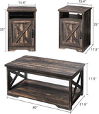 AMERLIFE 3 Piece Farmhouse Living Room Coffee Table Set, Dark Oak | Coffee Table & 2 End Tables with Charging Station and USB Ports, Farmhouse Style, Barn Door Design, Living Room Furniture