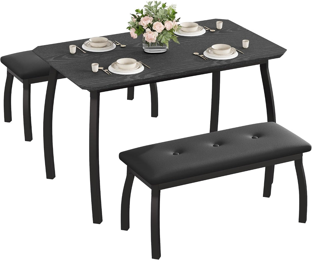 GAOMON Dining Table Set for 4, 3-Piece Wooden Kitchen Table with 2 Upholstered Benches, Space-Saving Dinette Set for Restaurant, Studio, Dining Room, Home Kitchen, Gray (Black, 2 Chairs)