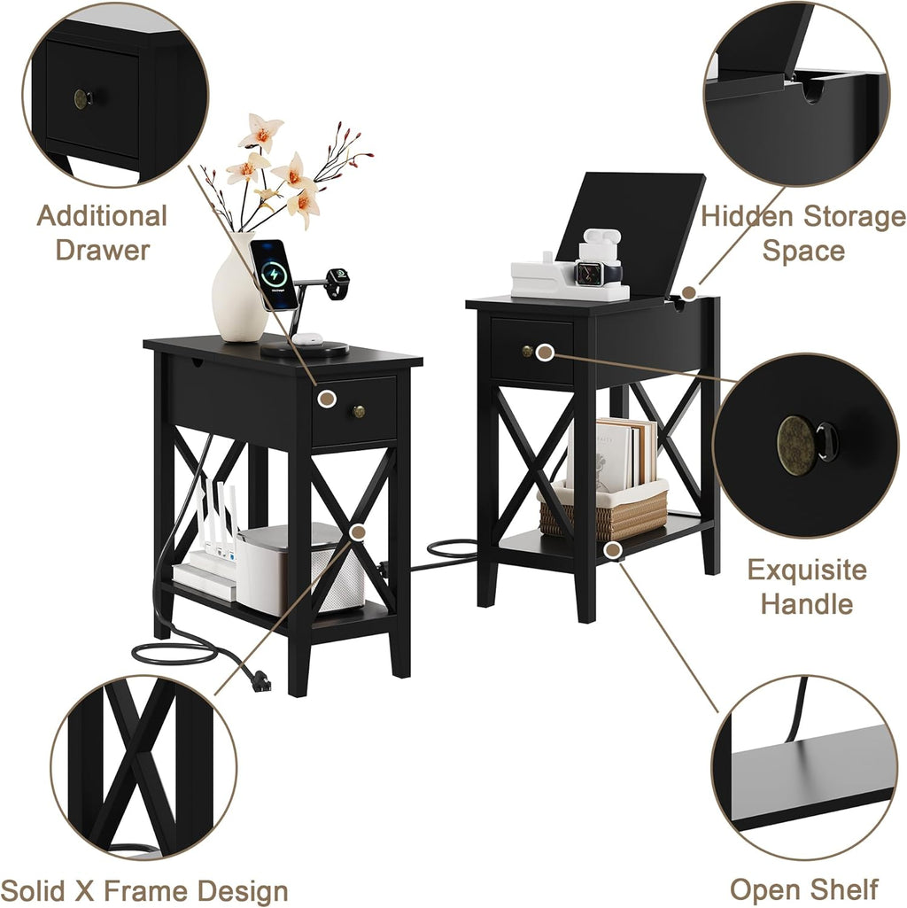 ChooChoo End Table Set of 2 with Charging Station, Narrow End Table with USB Ports and Outlets, Small Side Table Nightstand with Drawer for Living Room, Bedroom, Black