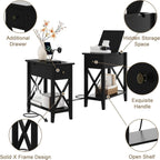 ChooChoo End Table Set of 2 with Charging Station, Narrow End Table with USB Ports and Outlets, Small Side Table Nightstand with Drawer for Living Room, Bedroom, Black