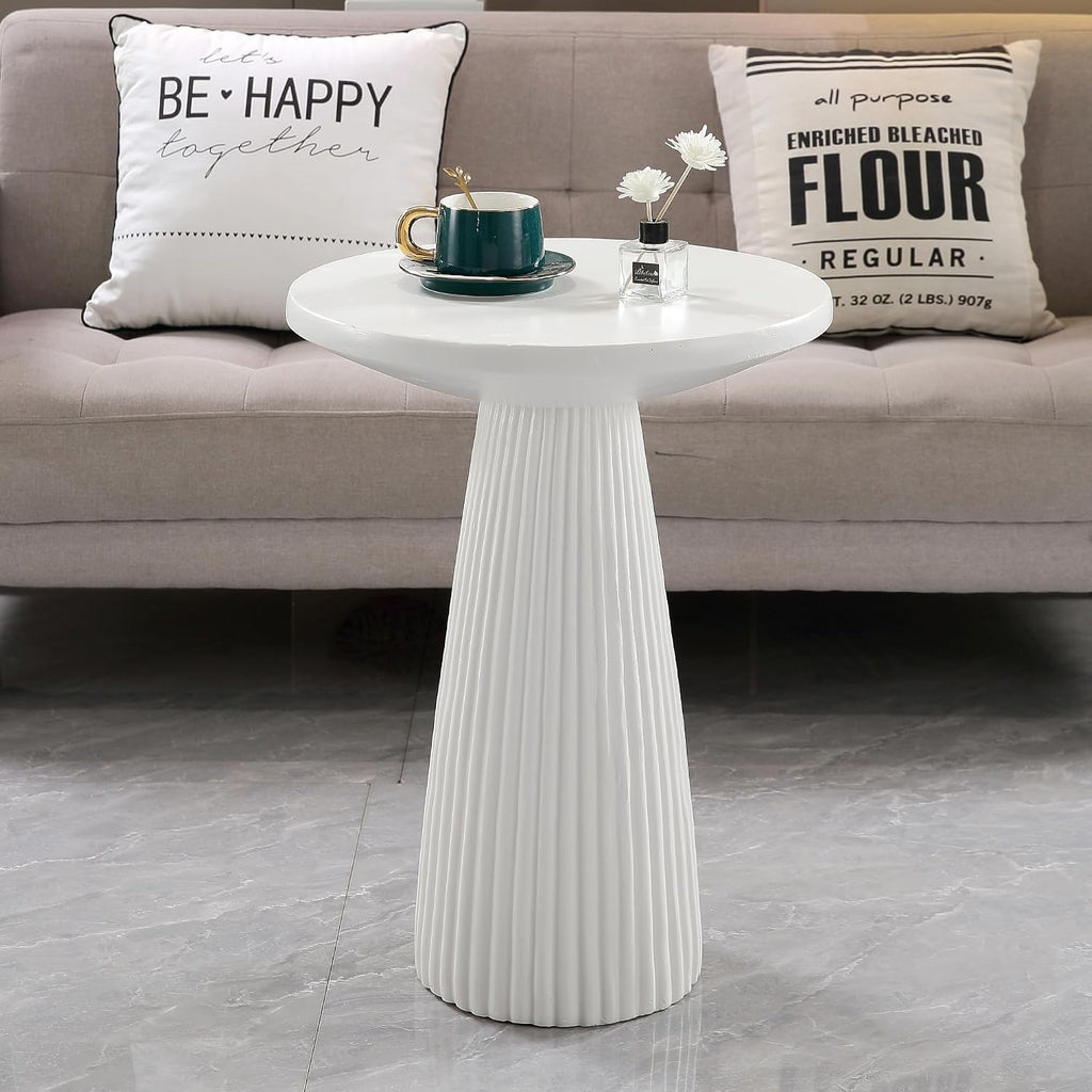 Henf 17.72" Round End Table for Indoor Outdoor, Fluted Pedestal Base, Magnesium Oxide, Waterproof, Unique Design MGO Accent Side Table Night Stand Bedside Table for Living Room Bedroom, White