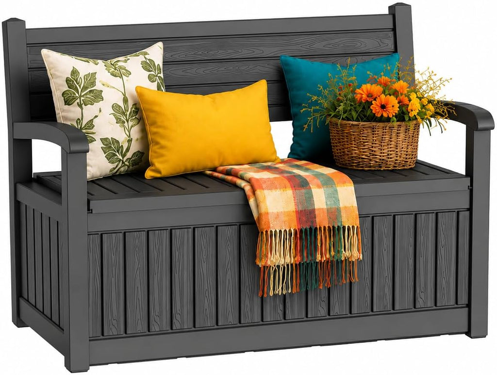 Outdoor Bench with Storage, Waterproof Garden Storage Bench, 100 Gallon Lockable Resin Deck Box, Weatherproof Bench Seating for Patio Yard Cushions Tools, Black