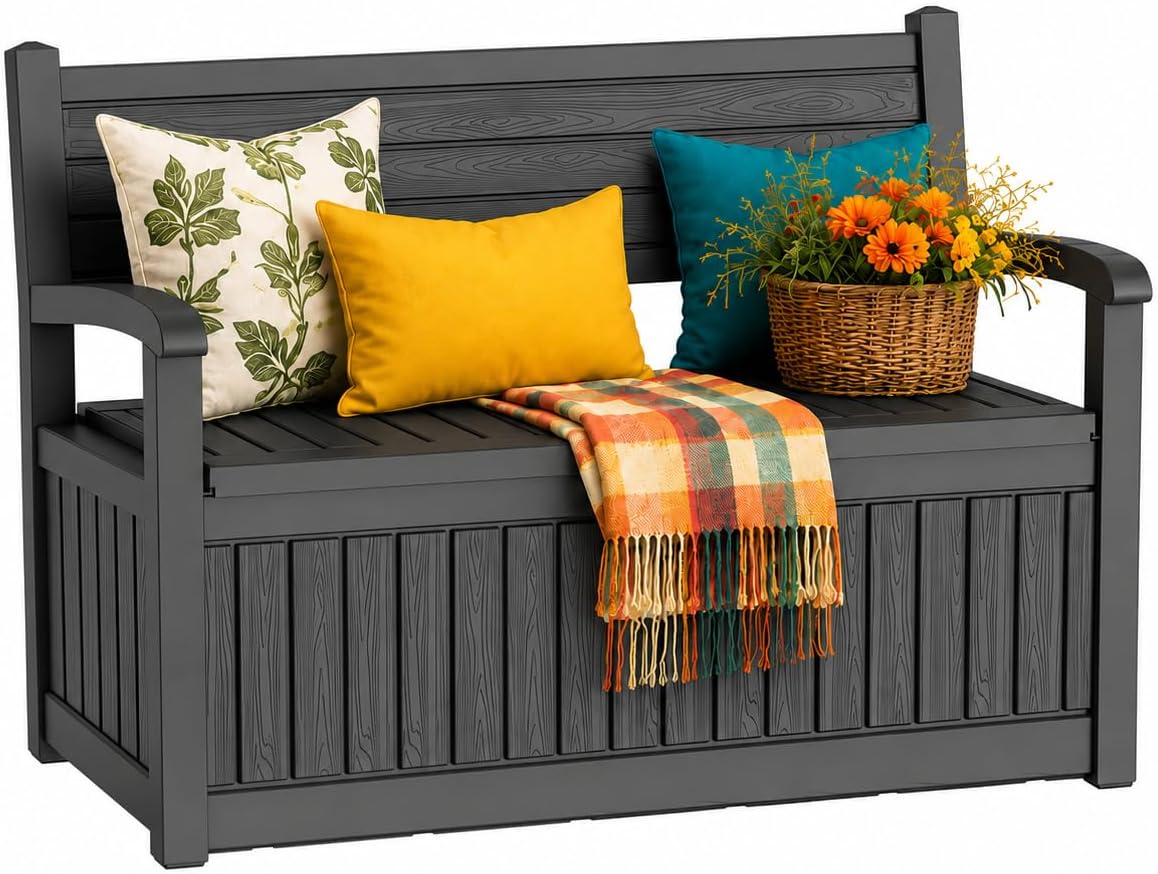 Outdoor Bench with Storage, Waterproof Garden Storage Bench, 100 Gallon Lockable Resin Deck Box, Weatherproof Bench Seating for Patio Yard Cushions Tools, Black