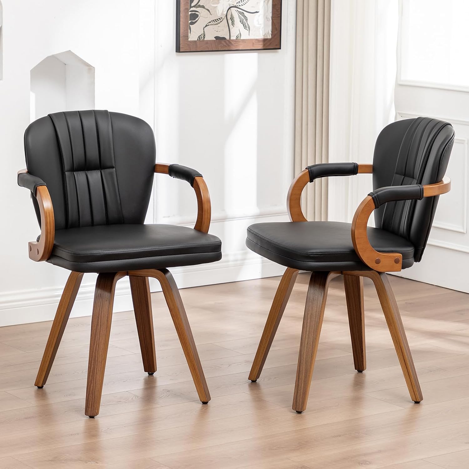 Swivel Dining Chairs Set of 4 Mid Century Modern Black Faux Leather Upholstered Kitchen Chairs with Bentwood Frame Armrests Side Chairs,Comfortable Ergonomic Wood Accent Chair No Wheels