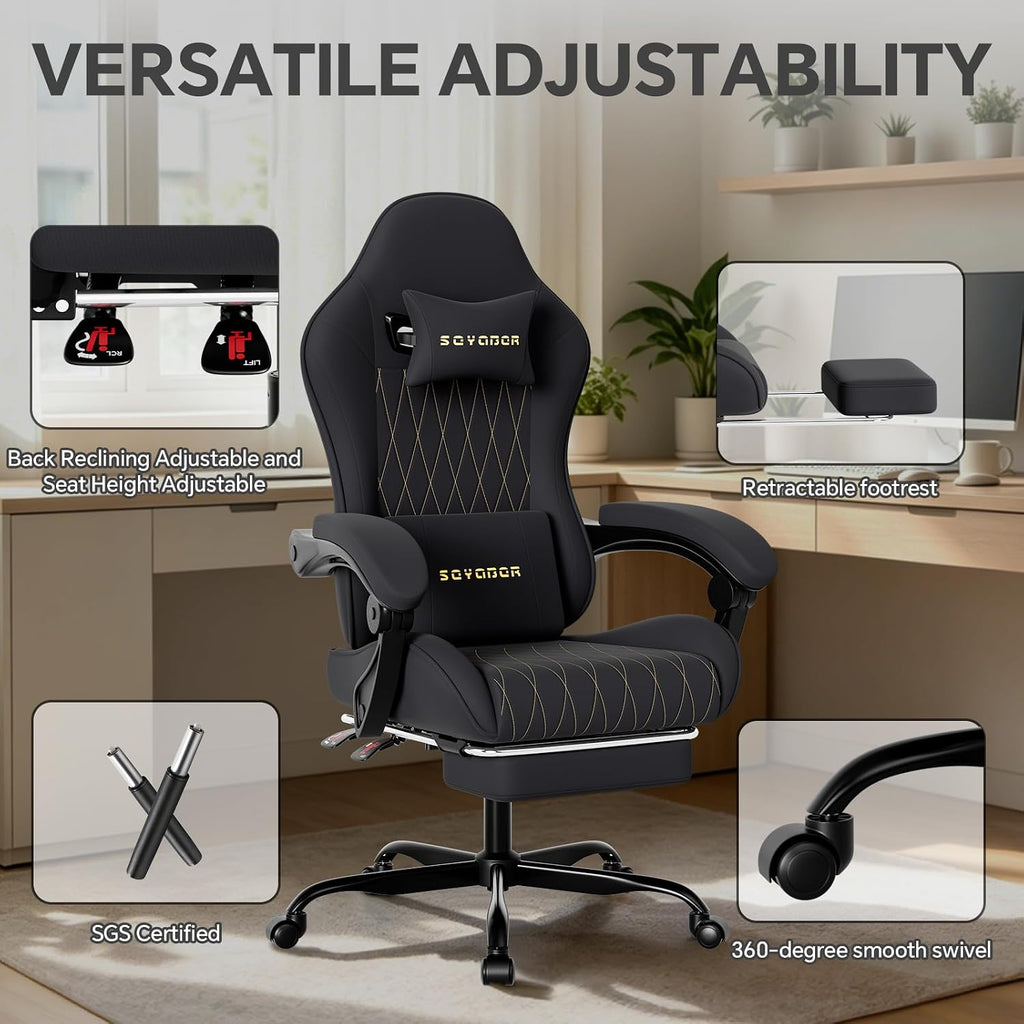 Breathable Fabric Gaming Chair with Footrest, Ergonomic High Back Computer Chair with Gold Diamond Stitching, Height Adjustable Swivel Office Chair with Lumbar Support for Adults,Black