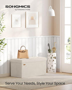 SONGMICS Mazie Collection - 30 Inches Storage Ottoman, Foldable Storage Bench with Flipping Lid, 660 lb Load Capacity, for Entryway, Living Room, Bedroom, Velvet Fabric, Cream White ULSF048LH01