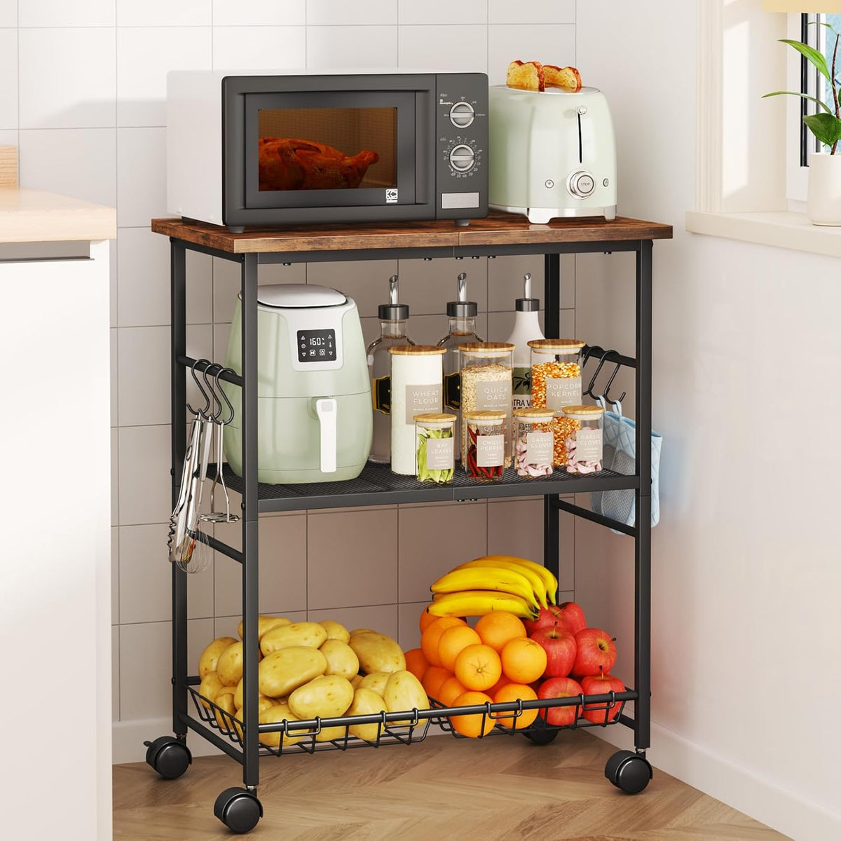 SWTYMIKI Rolling Kitchen Microwave Cart - 3 Tier Microwave Table Stand with Storage Basket and Hooks, Kitchen Utility Cart on Wheels, Coffee Cart Shelf Rack Organizer for Living Room Office, Balcony