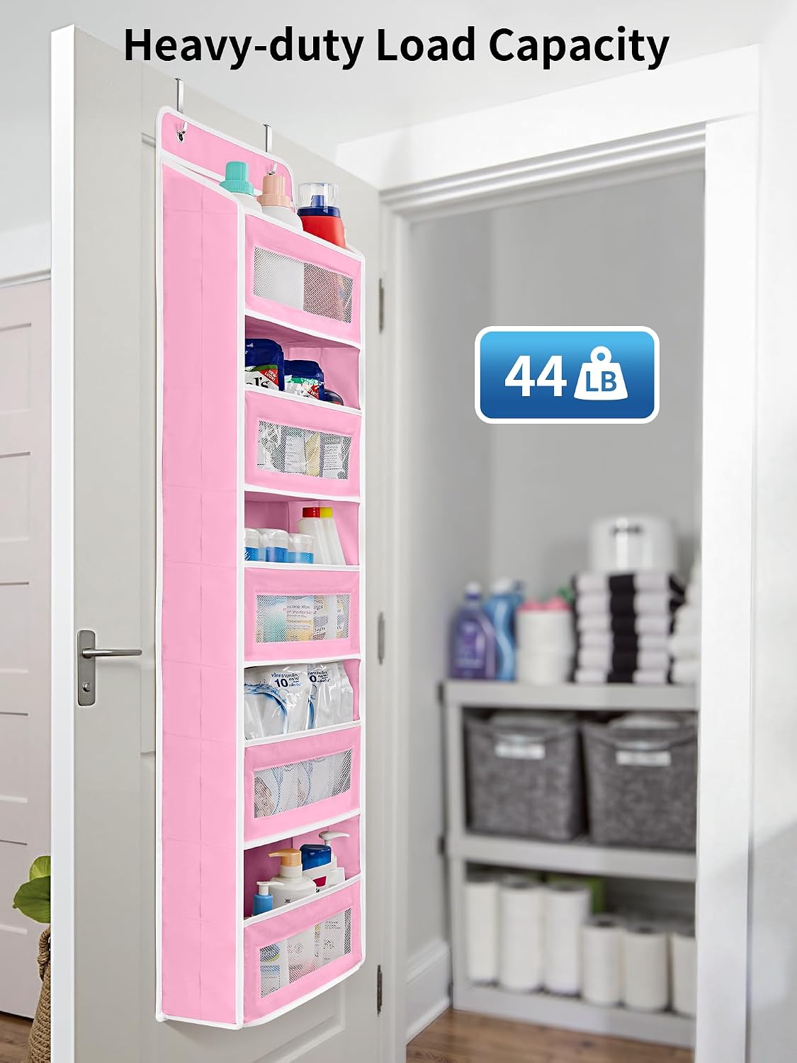 JARLINK Over the Door Organizer for Bedroom, Pantry, Bathroom, 5 Shelf Pink | Anti-Tilt Design, 44 lb Load Capacity, Hanging Door Organizer with 5 Large Capacity Pockets, Behind Door Storage for Nursery
