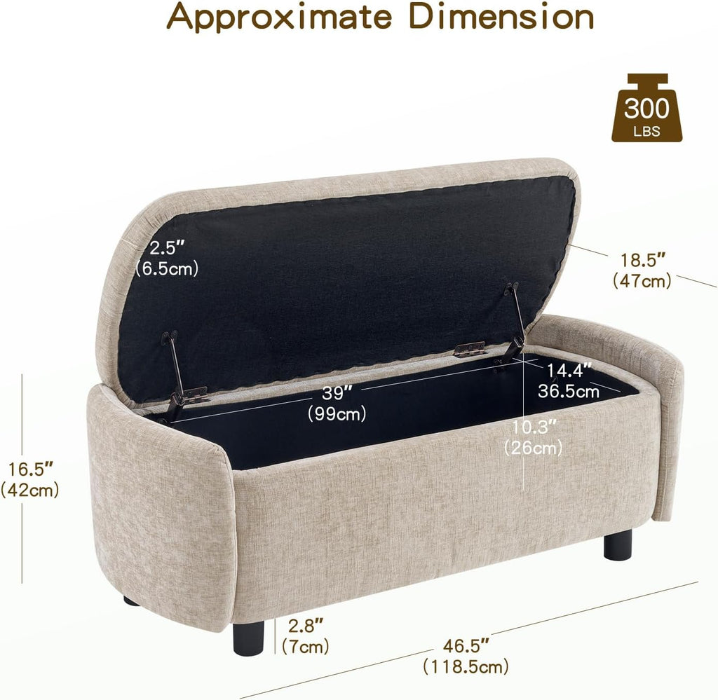 Furniliving 46.5‘’ Chenille Storage Bench, Button-Tufted Upholstered Storage Ottoman Bench with Safety Hinge, End of Bed Bench for Bedroom Entryway Living Room, Camel