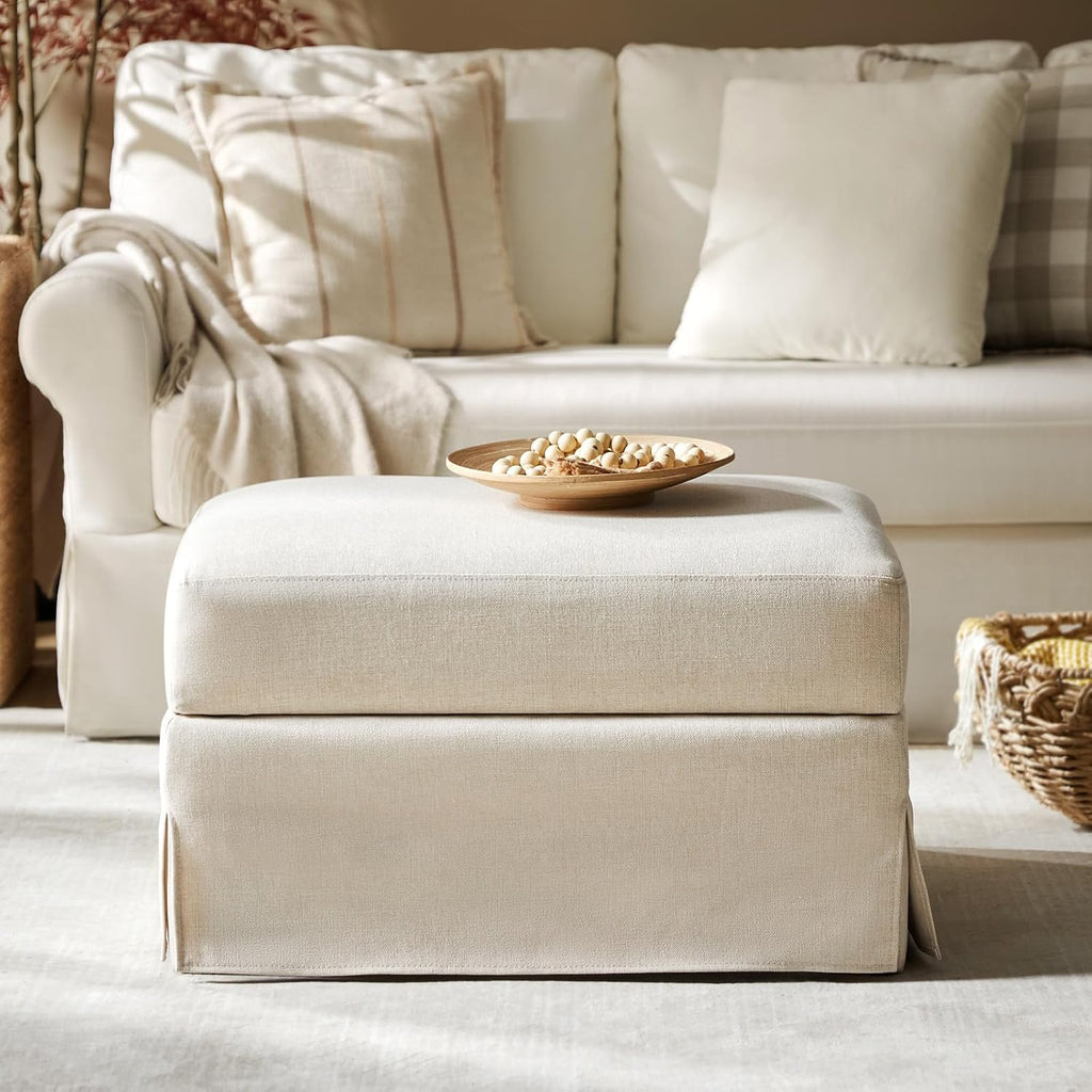 HULALA HOME Storage Ottoman Coffee Table with Lift Top, Farmhouse Linen Upholstered Ottoman with Removable Fabric Cover, 30-Inch Large Coffee Table with Storage for Living Room, Bedroom, Beige