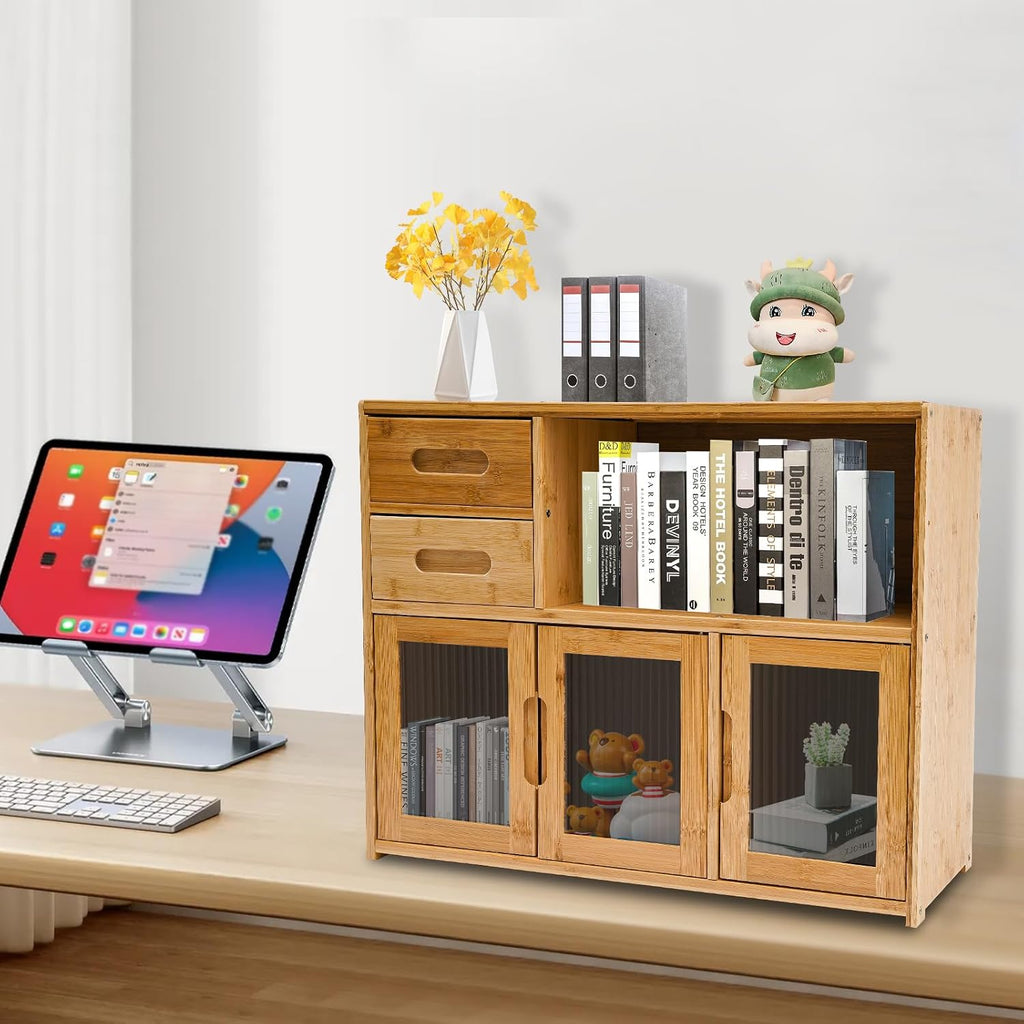 Small Bamboo Kitchen Pantry Sideboard, with Two Drawers, One Open Space, Large Bottom Space with Doors, Freestanding Countertop Storage Cabinet for Bottles, Dish, Bowl, Console
