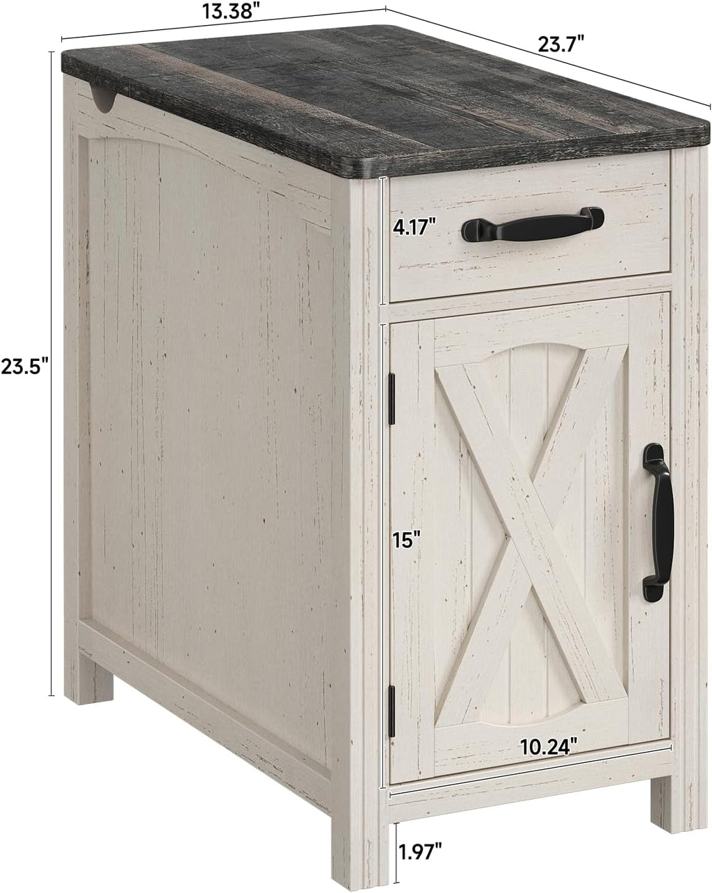 ONBRILL Farmhouse End Table with Charging Station, Narrow Side Table with Barn Door, Rustic Wood Sofa Side Table with Drawer and Storage Cabinet, 23.5" Small Nightstand for Living Room (Rustic White)