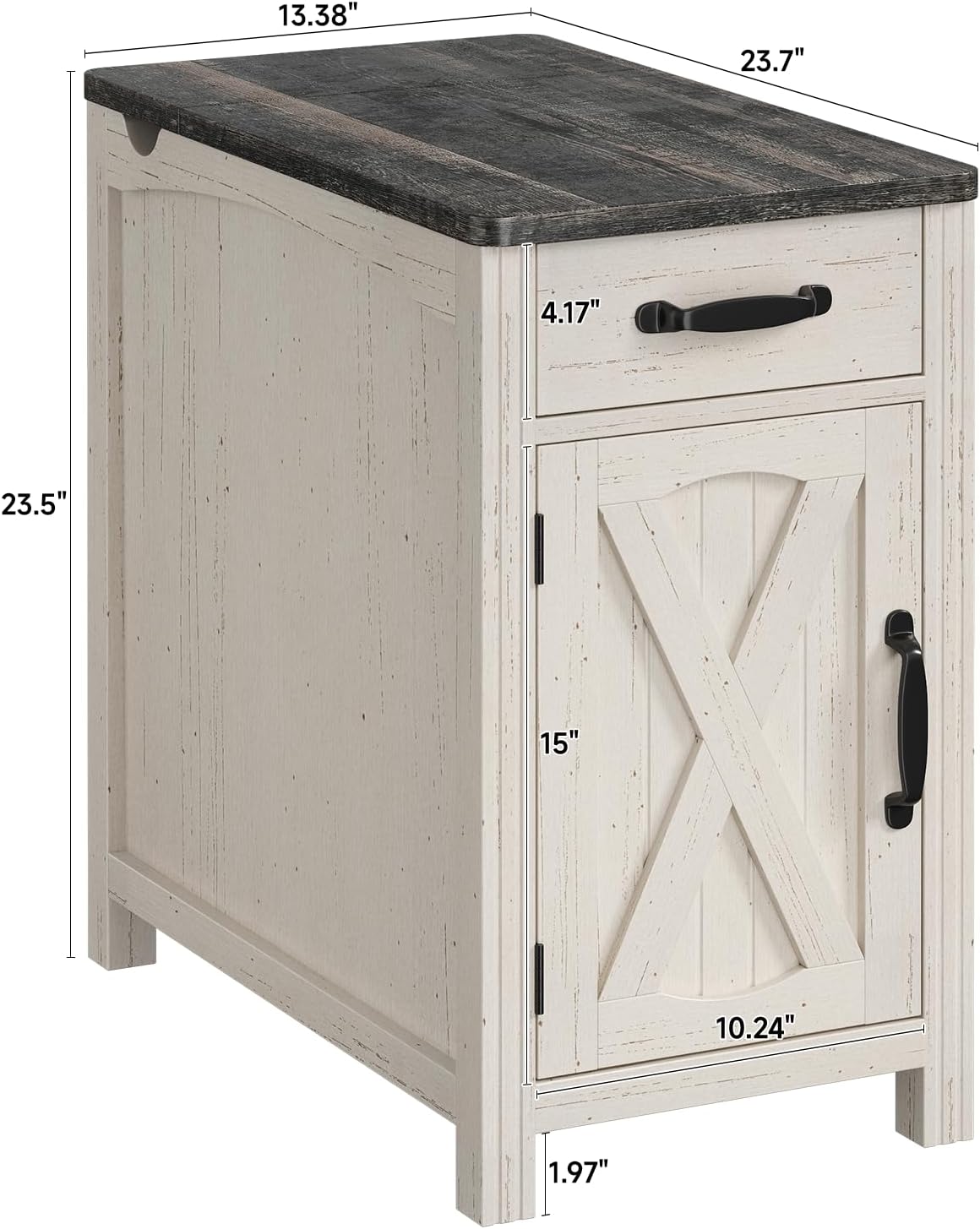 ONBRILL Farmhouse End Table with Charging Station, Narrow Side Table with Barn Door, Rustic Wood Sofa Side Table with Drawer and Storage Cabinet, 23.5" Small Nightstand for Living Room (Rustic White)