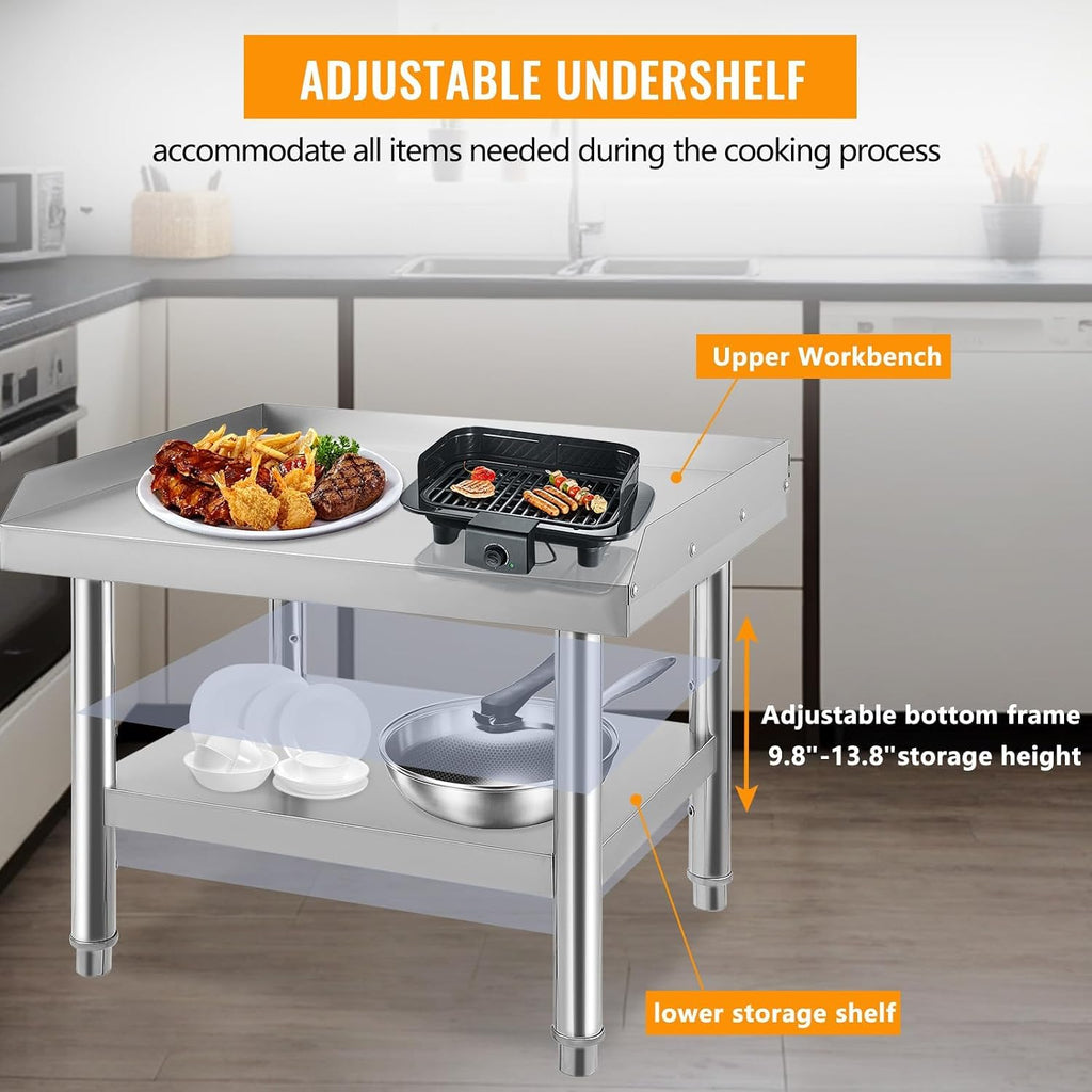 Stainless Steel 24x24x24 Inch Equipment Grill Stand Table, 660 Lbs Top & Bottom Shelf, Adjustable Legs, 2" Edge Baffle, for Hotel, Home, Commercial Restaurant Kitchen