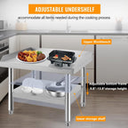 Stainless Steel 24x24x24 Inch Equipment Grill Stand Table, 660 Lbs Top & Bottom Shelf, Adjustable Legs, 2" Edge Baffle, for Hotel, Home, Commercial Restaurant Kitchen