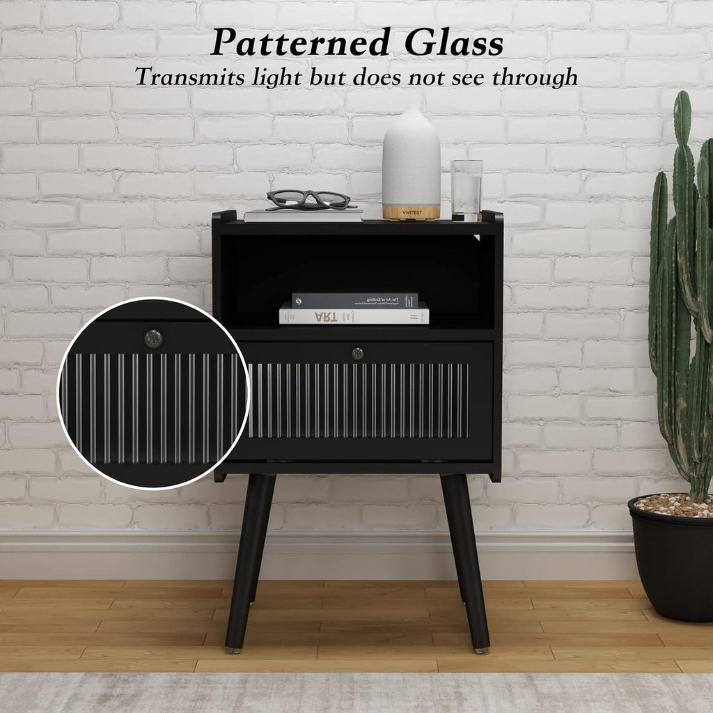Mid Century Modern Nightstand, Bedside Table with Glass Door, Black | Side Table End Table with Solid Wood Legs for Bedroom, Living Room and Small Spaces