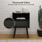 Mid Century Modern Nightstand, Bedside Table with Glass Door, Black | Side Table End Table with Solid Wood Legs for Bedroom, Living Room and Small Spaces