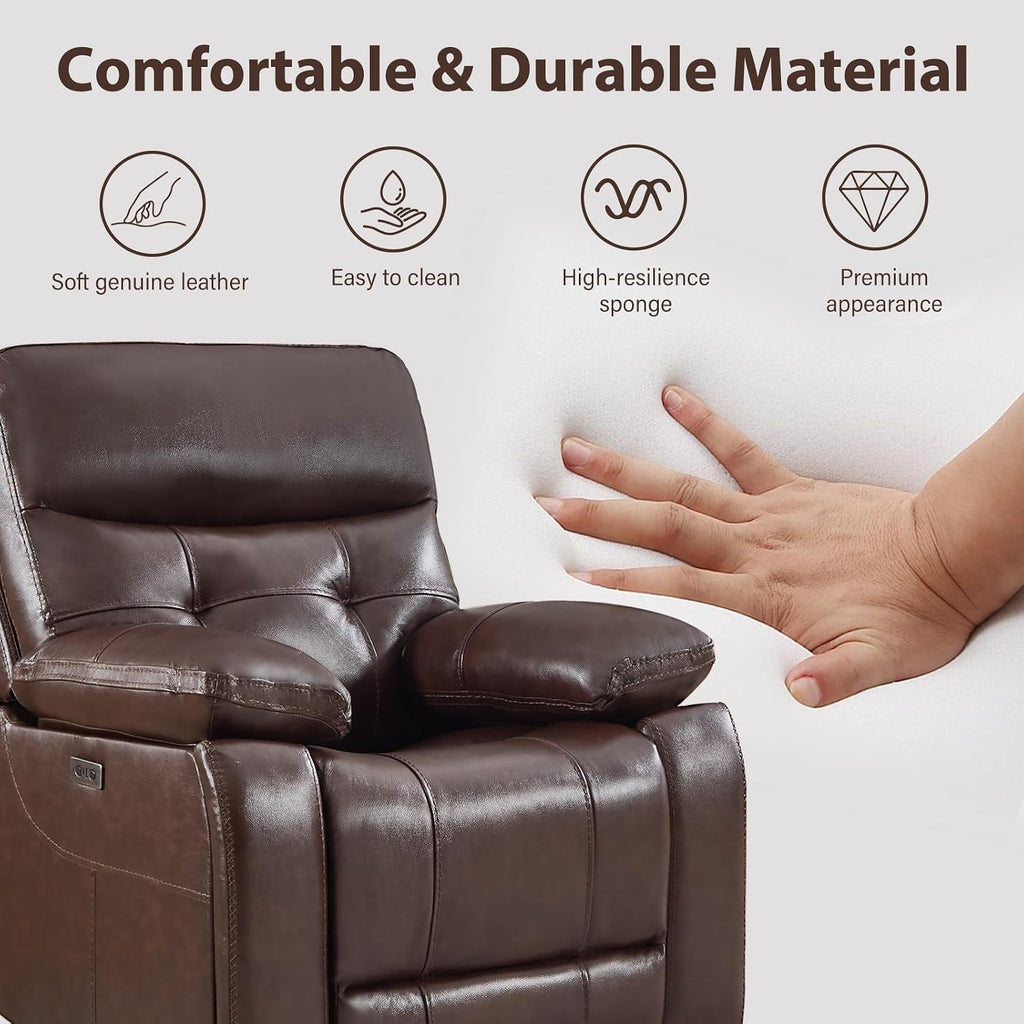 CANMOV Genuine Leather Power Reclining Sofa Set,Living Room Furniture Sofa Set,Power Recliner Chair,Loveseat and Sofa with Storage Console, USB Ports, Cup Holders for Living Room,Dark Brown