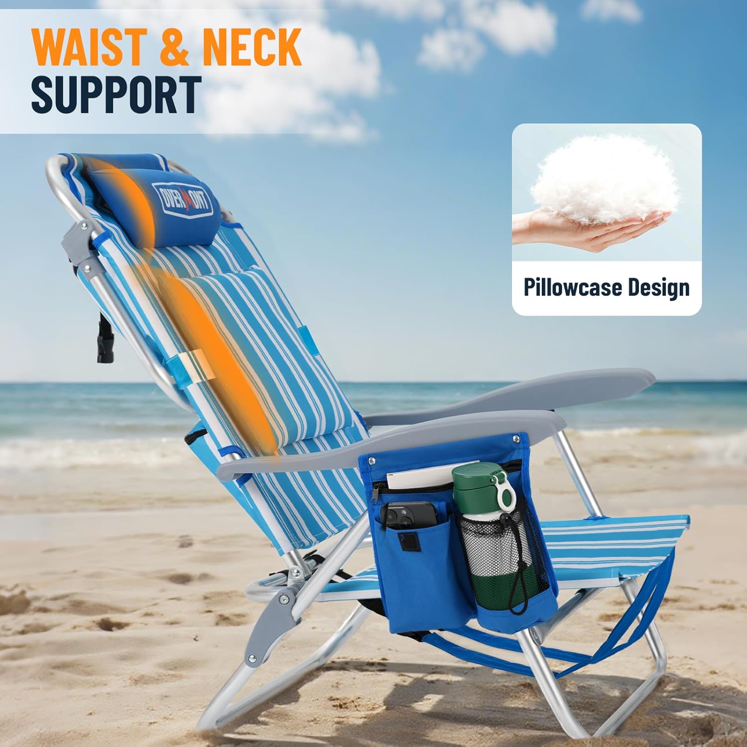 Overmont Low Beach Chair with Cooler Bag - 6-Positions Lay Flat with Ergonomic Armrests- Wide Seat with Lumbar Support, Towel Holder- Heavy-Duty 330lbs Support- Perfect for Summer, Travel & Relaxation