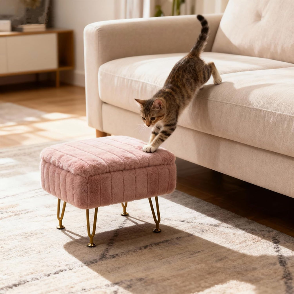 Small Foot Stool with Storage & Gold Metal Legs, Small Ottoman Foot Rest Under Desk for Couch, Chair, Pink Furry with High-Density Resilient Sponge