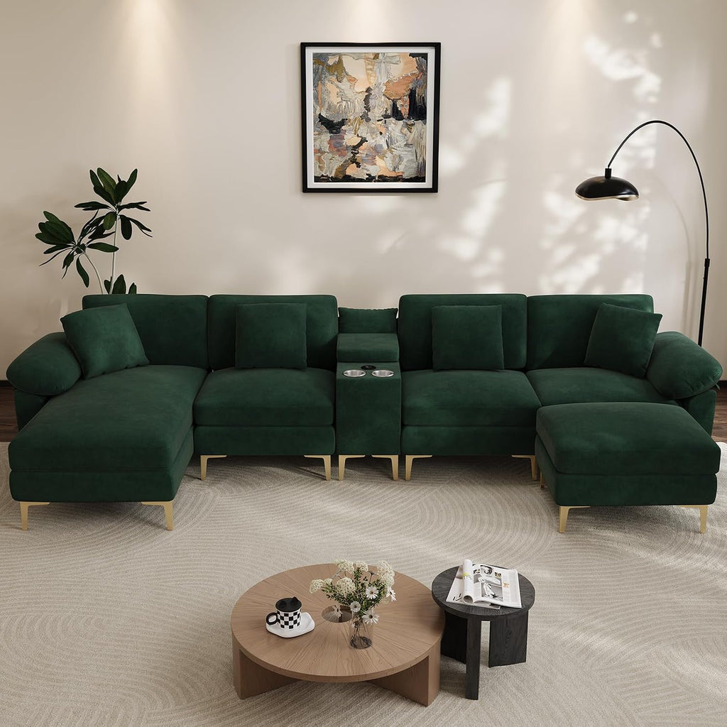 Wrofly 128" U-Shaped Sectional Sofa w/USB, Cup Holders & Ottoman, Green | Green velvet sofa w/gold legs, modular U/L convertible, USB, cup holders, storage console, ottoman, sturdy, easy assembly.