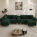 Wrofly 128" U-Shaped Sectional Sofa w/USB, Cup Holders & Ottoman, Green | Green velvet sofa w/gold legs, modular U/L convertible, USB, cup holders, storage console, ottoman, sturdy, easy assembly.