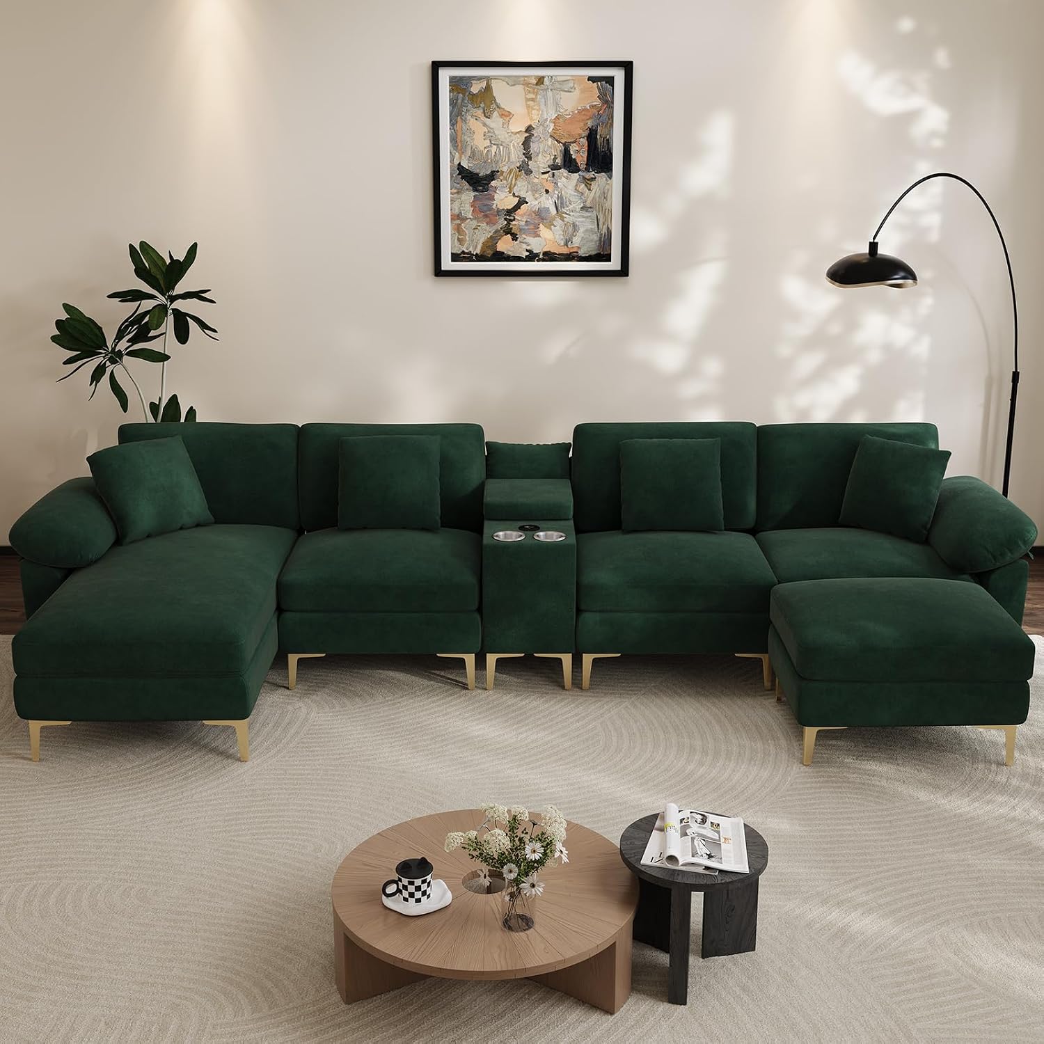 Wrofly 128" U-Shaped Sectional Sofa w/USB, Cup Holders & Ottoman, Green | Green velvet sofa w/gold legs, modular U/L convertible, USB, cup holders, storage console, ottoman, sturdy, easy assembly.