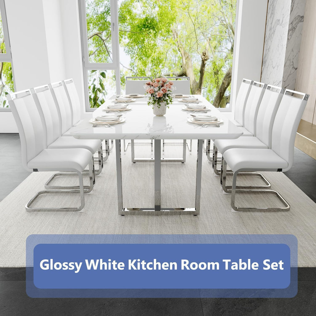 JUFU 11 Piece Dining Table Set for 10, 79 Inch Faux Marble Dining Room Table Set with 10 PU Leather Chairs, Modern Rectangular Kitchen Table and Chairs Set for Large Dining Room, Kitchen