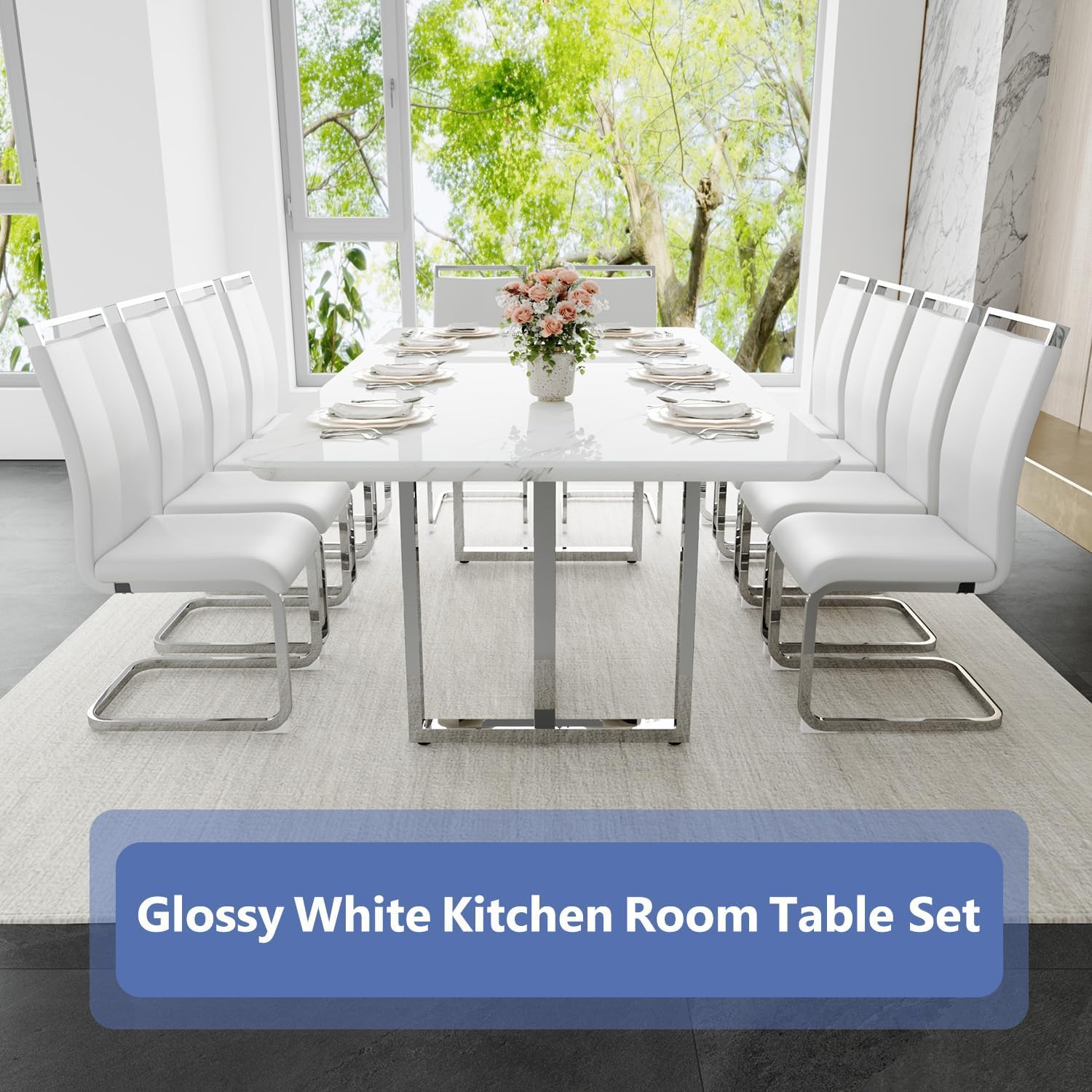 JUFU 11 Piece Dining Table Set for 10, 79 Inch Faux Marble Dining Room Table Set with 10 PU Leather Chairs, Modern Rectangular Kitchen Table and Chairs Set for Large Dining Room, Kitchen