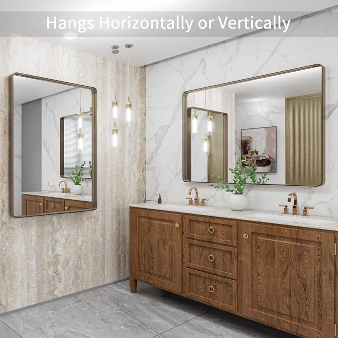 LOAAO 40”X30” Bronze Bathroom Mirrors for Vanity, Rounded Rectangle Brushed Bronze Metal Frame Mirror, Anti-Rust, Tempered Glass, Hangs Horizontally or Vertically