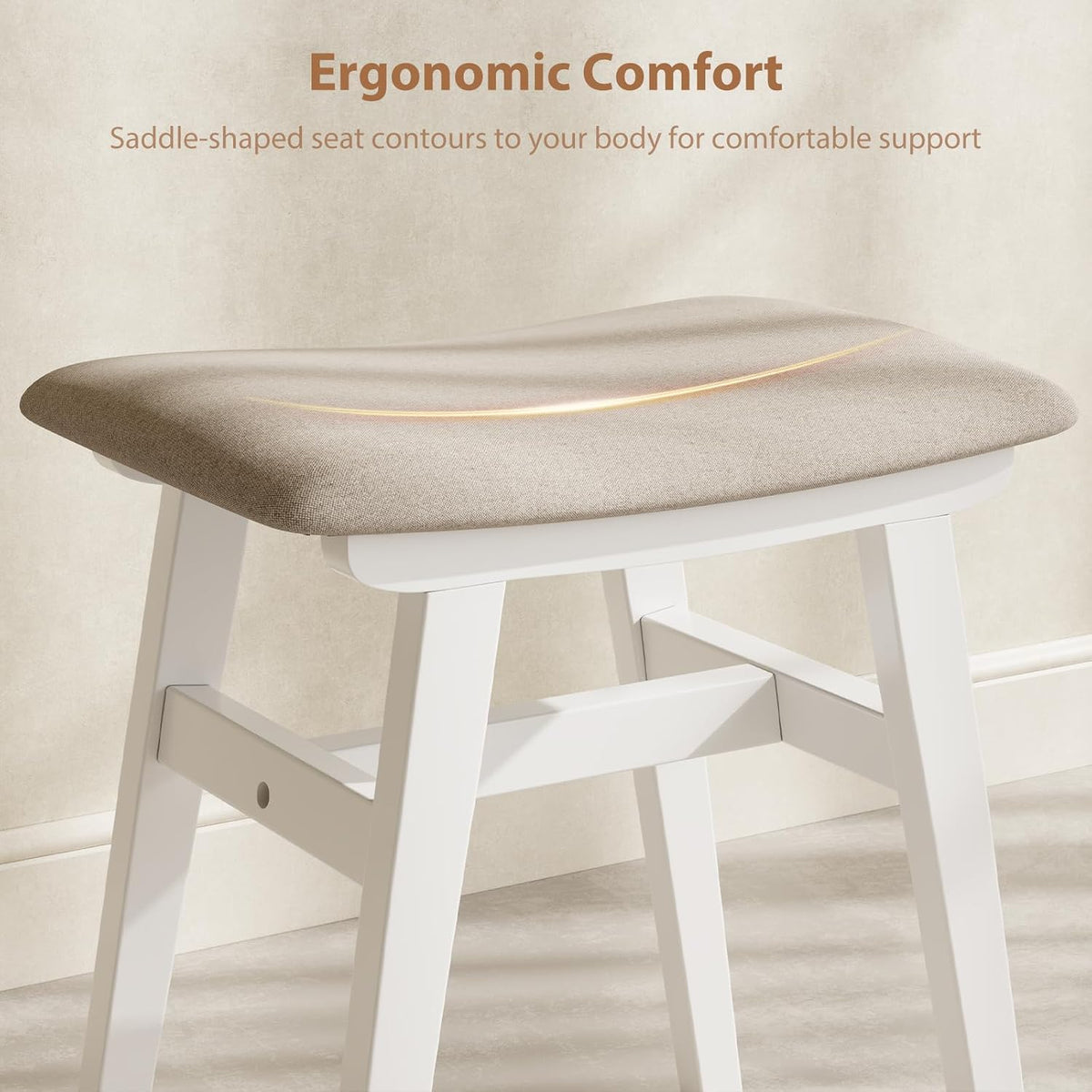 Muwuele Solid Wood Vanity Stool, Compact Makeup Chair with Saddle Cushion, Linen-Covered High Rebound Sponge Seat, Easy Assembly Footstool for Bedroom, Entryway, Home, White