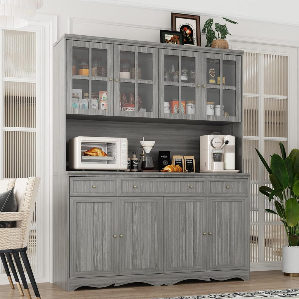 Kitchen Pantry Cabinet with Glass Doors and 3 Drawers, Tall Freestanding Storage Cabinet with Open Countertop, Fluted Doors, Living Room, Grey 59.1”W x 17.7”D x 74.8”H