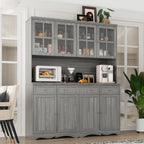 Kitchen Pantry Cabinet with Glass Doors and 3 Drawers, Tall Freestanding Storage Cabinet with Open Countertop, Fluted Doors, Living Room, Grey 59.1”W x 17.7”D x 74.8”H