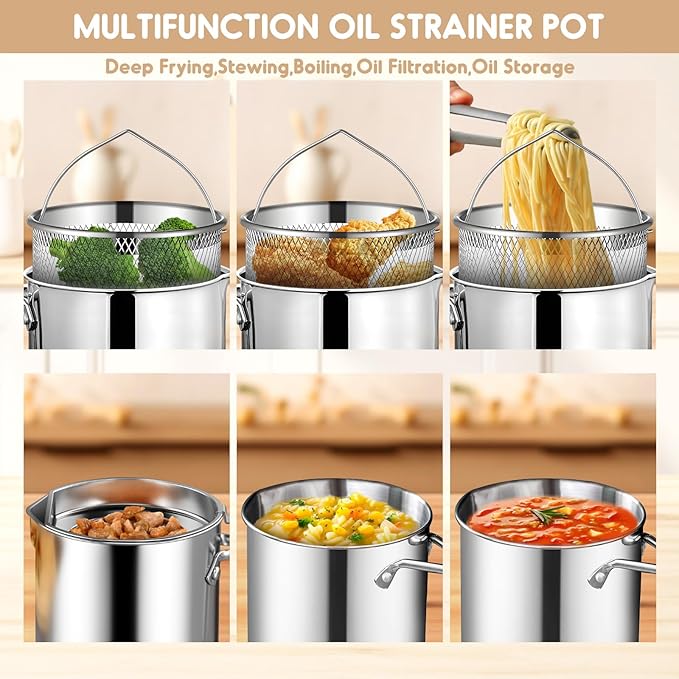 Chihee Grease Container Deep Fryer 2 in 1 Stainless Steel Bacon Grease Saver with Fine Mesh Strainer Fry Basket 2L / 67.6 fl oz Oil Container Grease Can with Lid Tray for Kitchen Storing Frying