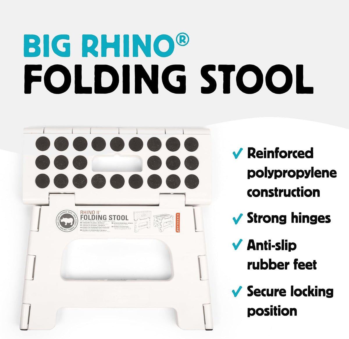 Kikkerland Rhino Foldable Step Stool – Holds Adults up to 300 Lbs, Best for Kitchen & Bathroom – Collapsible, Portable, Lightweight Stepping Stool with Sturdy, Non-Slip Design – White, 8”