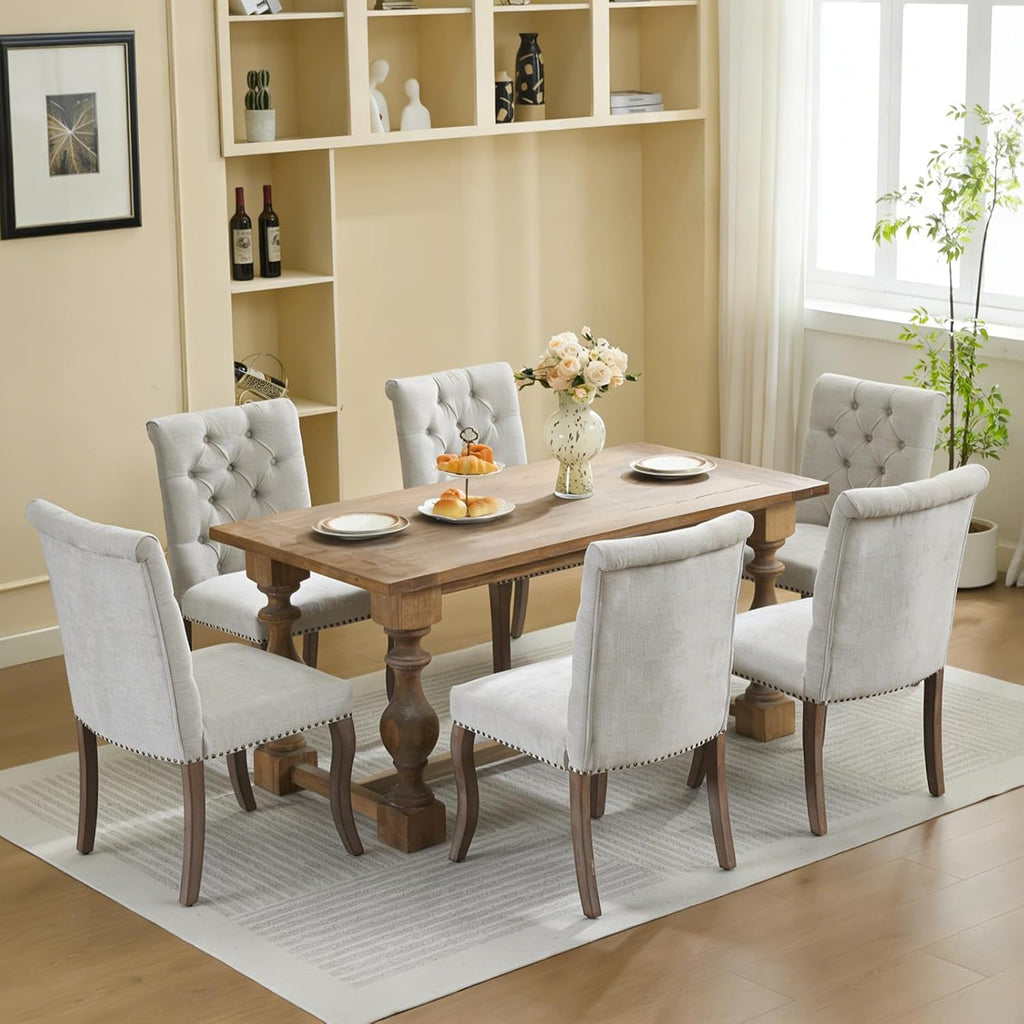 Modern Dining Chairs Set of 6, Upholstered Accent Parsons Dinning Chairs with Tufted Back and Solid Wood Legs, Comfortable Chenille Fabric Kitchen Chairs for Dining Room/Kitchen, Beige