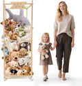 Stuffed Animal Storage Zoo with Wheels, Wooden Large Stuff Animals Plushies Holder, 22.5" D x 22.5" W x 64" H Toy Organizer Storage Cage with Elastic Band and Net for Nursery Playroom Bedroom
