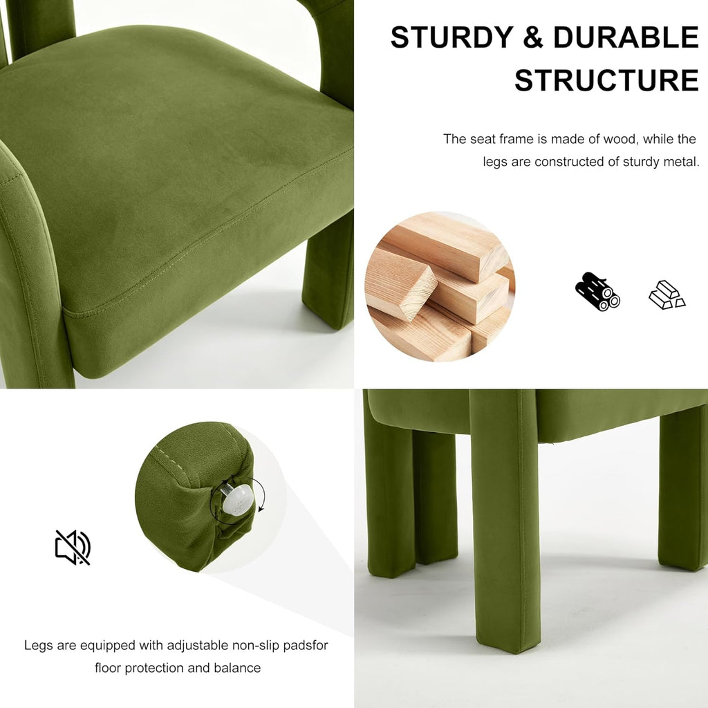 Modern Velvet Dining Chairs Set of 1, Mid Century Modern Upholstered Accent Chair with Curved Backrest and Armrests, Round Thick Cushion Kitchen Chair with Metal Legs (1pcs Velvet Green)