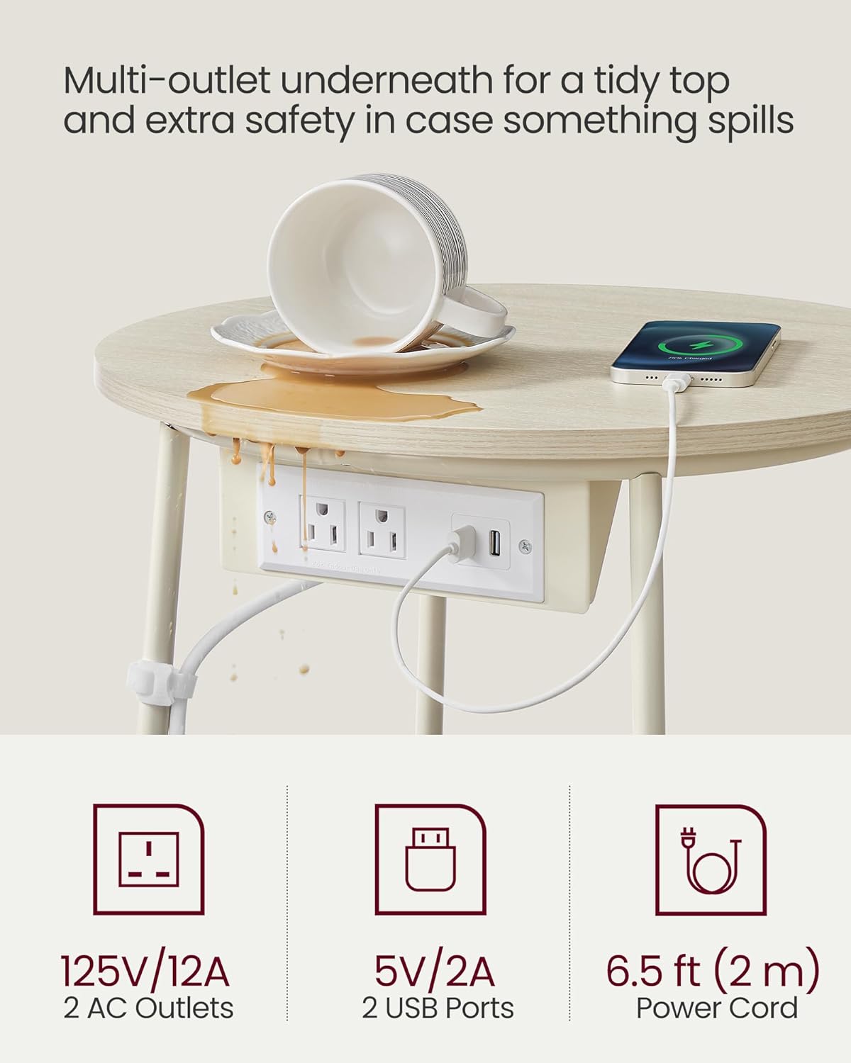 VASAGLE LILEA Collection - Side Table with Charging Station, Round End Table with Fabric Basket, Nightstand with USB Ports, for Living Room, Bedroom, Modern, Cream White ULET228N01