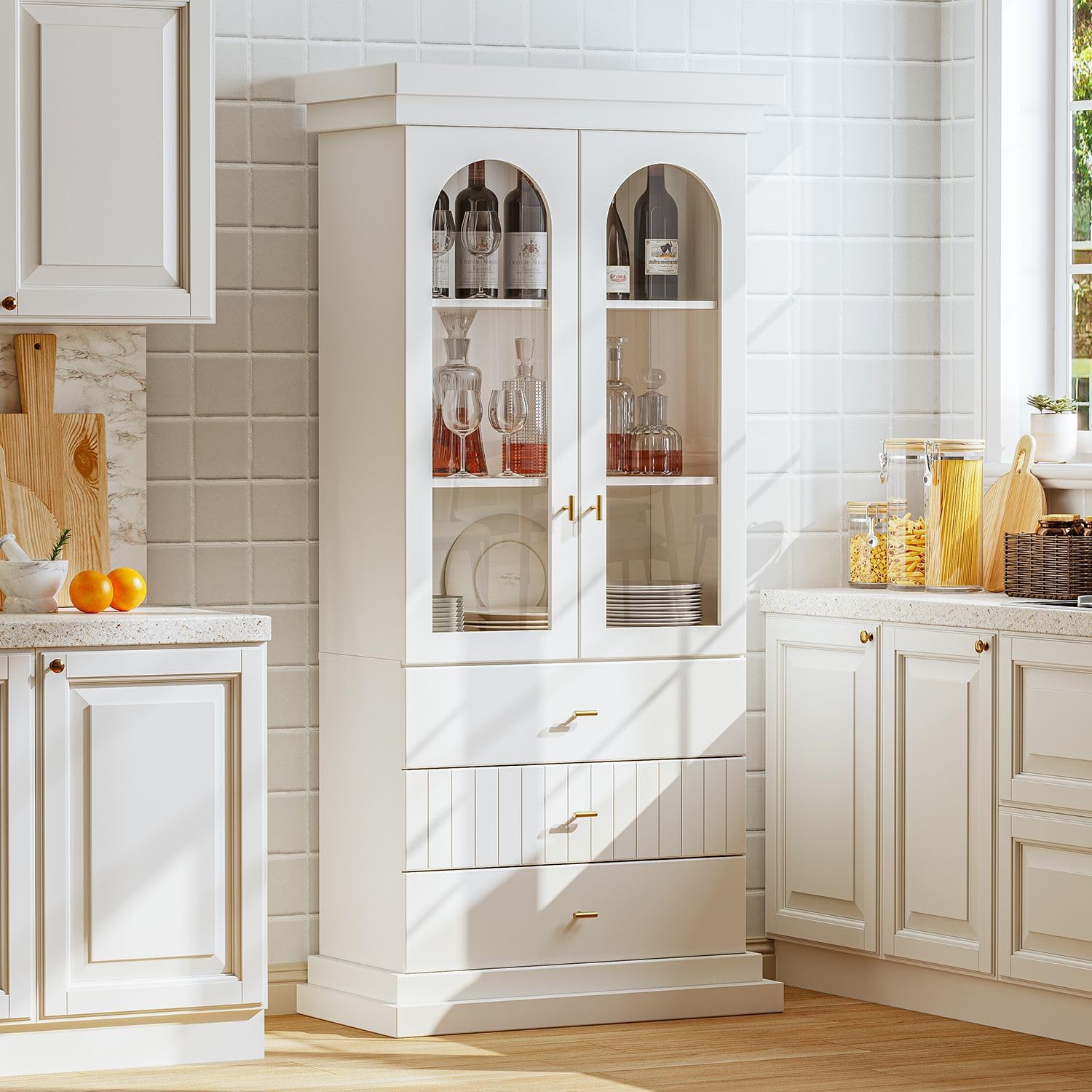 Vyre 71" Arched Kitchen Cabinet with Glass Doors, Tall Display and Storage Cabinet with Drawers for Dining Room or Living Room, Modern Pantry Cabinet with Gold Handles, White