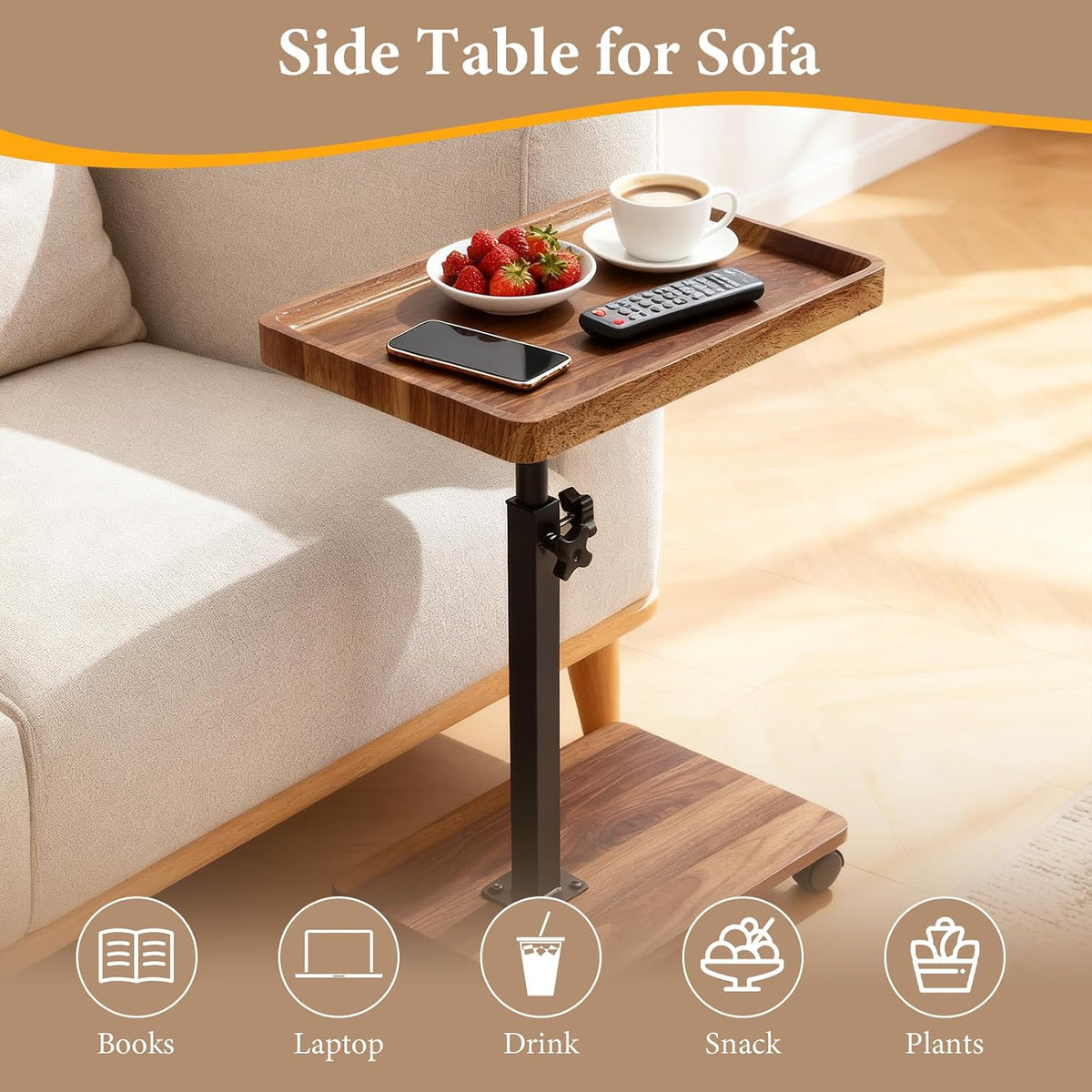 End Table C Table Adjustable Height, 360°Swivel TV Tray Table for Small Spaces, Couch Tables that Slide Under, C Shaped Side Tables Living Room and Bedroom for Sofa, Bed,Chair, Snack
